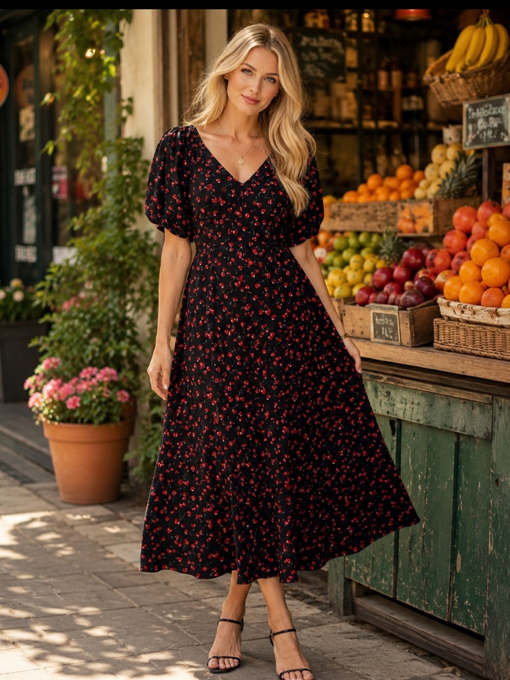 Ava & Viv Black Midi Dress with Red Floral Print